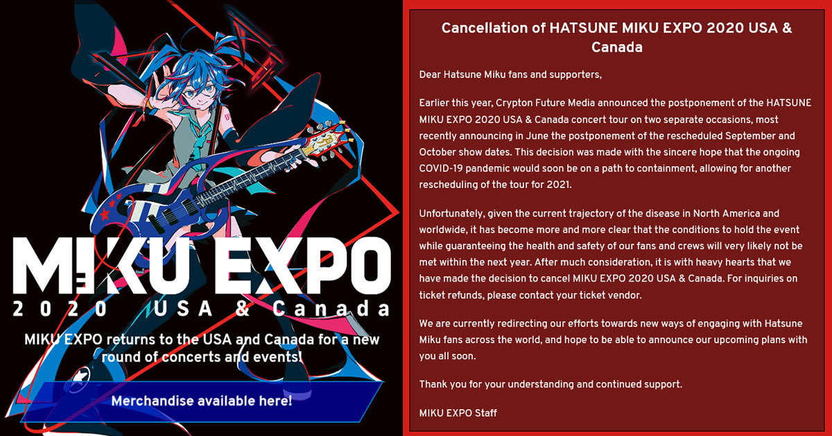 Hatsune Miku Expo 2020 USA & Canada Officially Cancelled – Mikufan.com